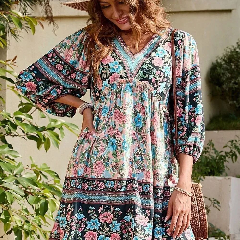 Ditsy Boho Floral Print Lantern Sleeve Dress Easter Bohemian